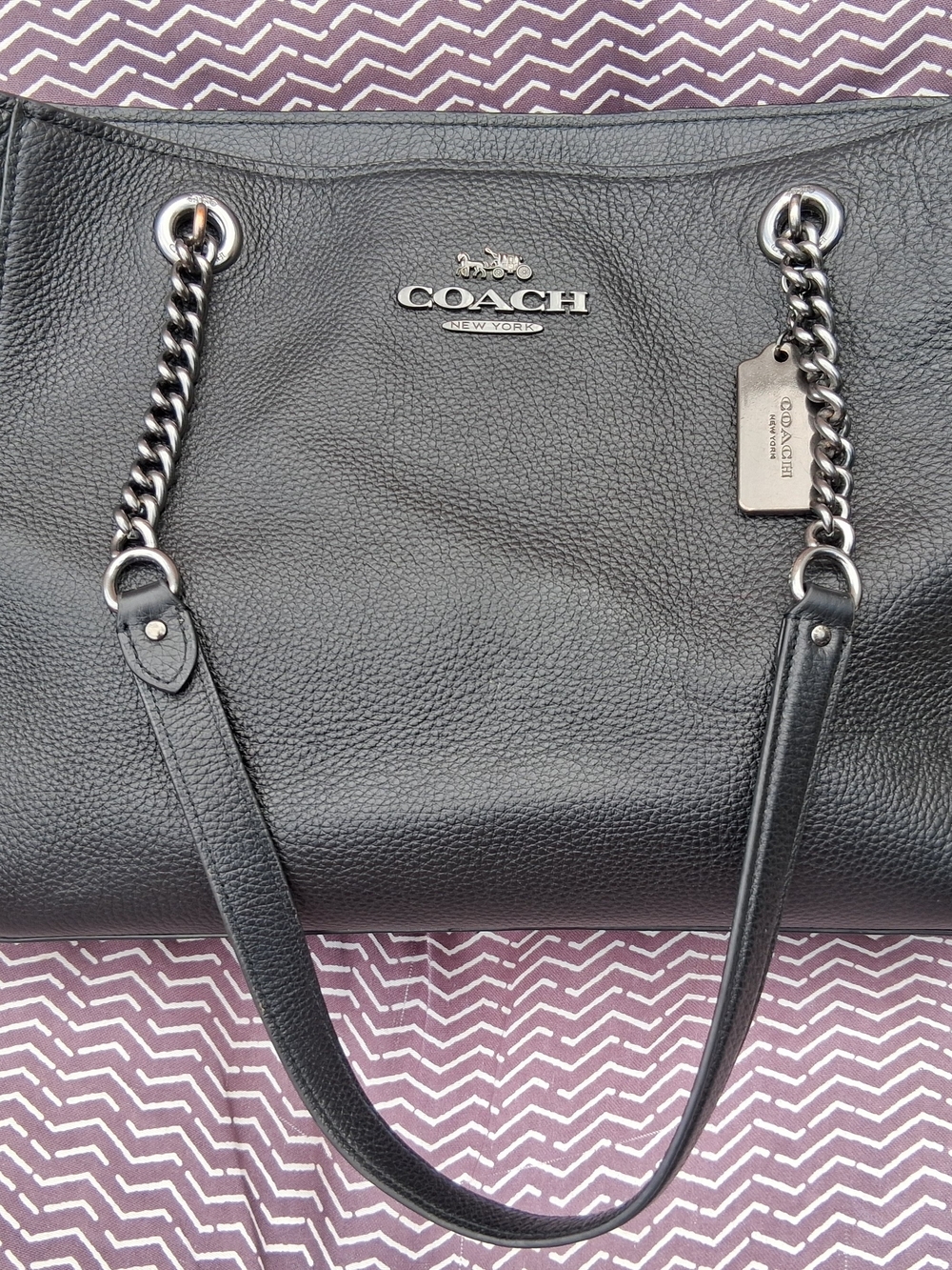 COACH Black Pebbled Leather Tote with Chain-Trim Handles and Logo Tag